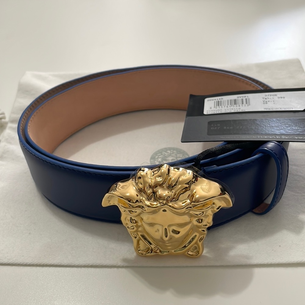 Versace Men’s Gold Medusa Buckle Blue Leather Belt IT 90cm US 36in